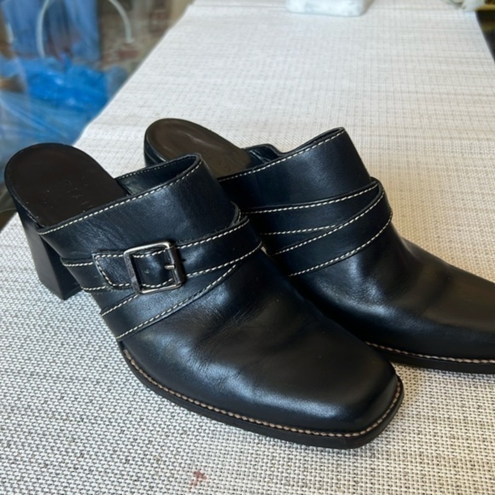 Gianni Bini Black Leather Mule Stacked Heel, block heels